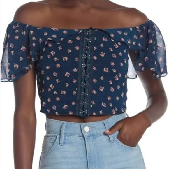 Fanco Off Shoulder Crop Top Cream Orange Floral - Picture 11 of 11
